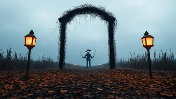 Eerie Halloween garden archway covered in cobwebs lanterns flickering dimly dead leaves scattered around with a creepy scarecrow standing guard photo