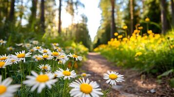 Wide angle shot of a forest path lined with wild autumn flowers like asters and goldenrods with sunlight filtering through the trees casting a warm golden glow photo