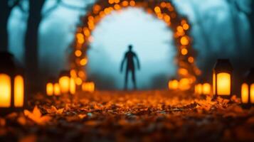 Eerie Halloween garden archway covered in cobwebs lanterns flickering dimly dead leaves scattered around with a creepy scarecrow standing guard photo