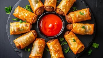 Flat lay of several cheeseburger egg rolls arranged in a circle around a small bowl of dipping sauce on a slate serving board photo