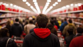Wide angle shot of a store packed with shoppers during a Black Friday sale with overflowing carts busy aisles and sale signs creating a frenzied atmosphere photo
