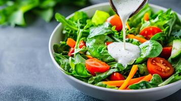 Overhead shot of a ranch sauce being drizzled over a fresh salad with vibrant greens cherry tomatoes and shredded carrots photo