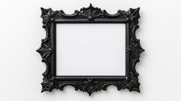Overhead view of a Halloween style picture frame with ornate black gothic designs featuring spider webs and bat motifs isolated on a white background with soft shadows photo