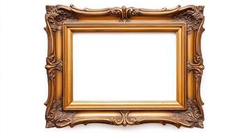 Overhead view of a vintage rectangular picture frame with ornate corners and an elegant distressed gold finish isolated on a white background with ample empty space photo