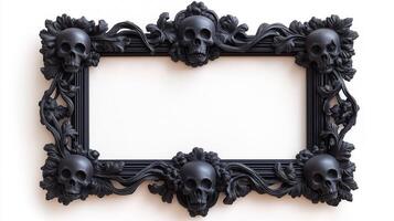 Top down shot of a vintage Halloween picture frame with intricate dark carvings of pumpkins and skulls surrounded by twisted vines isolated on a white background photo