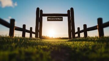 Ranch gate entrance with wooden arches and a swinging sign reading Welcome to the Ranch against a sunrise background photo