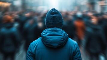 Rear view of a person trying to escape a dense crowd their body language tense and fearful crowd blurred for a sense of urgency photo