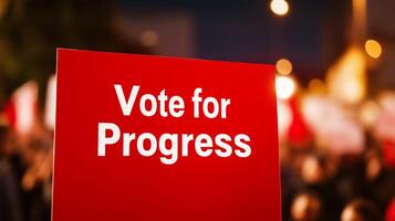 Vote for Progress in sleek modern font on a blurred background of a crowded rally warm tones with a focused glow around the text photo