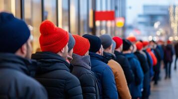 Side view of a massive line of customers outside a store at dawn on Black Friday bundled up in coats and hats with sale banners visible through the windows photo
