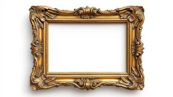Wide angle shot of a grand baroque style picture frame with lavish gold ornamentation including cherubs and scrolls isolated on a white background with a subtle drop shadow photo