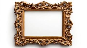 Wide angle shot of a grand baroque style picture frame with lavish gold ornamentation including cherubs and scrolls isolated on a white background with a subtle drop shadow photo