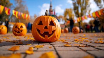 Wide angle shot of a pumpkin contest in a town square with rows of creatively carved pumpkins colorful banners and people milling around autumn leaves falling photo