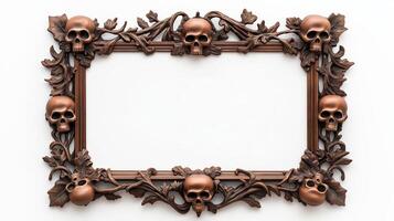 Top down shot of a vintage Halloween picture frame with intricate dark carvings of pumpkins and skulls surrounded by twisted vines isolated on a white background photo