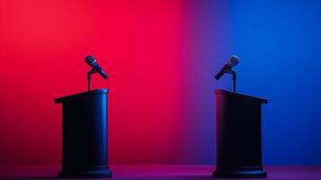 Two podiums with microphones facing each other gradient background transitioning from deep red to dark blue side view ample space for text photo