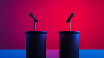 Two podiums with microphones facing each other gradient background transitioning from deep red to dark blue side view ample space for text photo