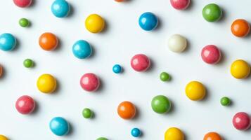 Top down view of multicolored bubble gum pieces scattered across a clean white background with a focus on the bright contrasting colors photo