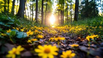 Wide angle shot of a forest path lined with wild autumn flowers like asters and goldenrods with sunlight filtering through the trees casting a warm golden glow photo