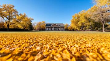 Wide angle shot of a ranch house surrounded by autumn trees with golden leaves scattered on the ground under a clear blue sky photo