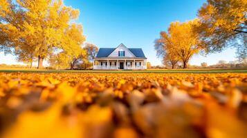 Wide angle shot of a ranch house surrounded by autumn trees with golden leaves scattered on the ground under a clear blue sky photo