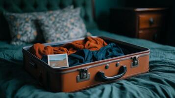 Wide angle shot of a suitcase lying open on a bed half unpacked with crumpled clothes and a faded postcard beside it reflecting the feeling of post vacation blues photo