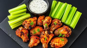 Wide shot of ranch sauce being served alongside grilled chicken wings and crunchy celery sticks set on a dark slate plate photo