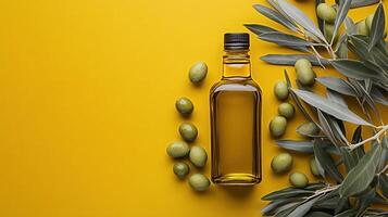 Olive Oil Bottle with Fresh Olives and Olive Branches on a Vibrant Yellow Background photo