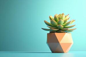 Geometric Pot with Succulent Plant Against a Turquoise Background in Minimalist Style photo