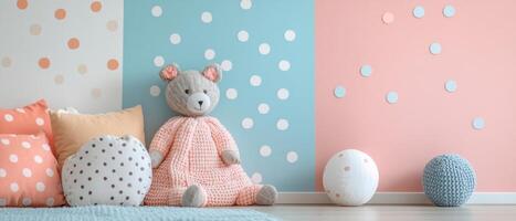 Cozy Children's Room with Polka Dot Decor and Plush Teddy Bear on Colorful Wall Background photo
