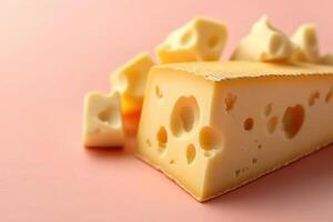 Close-up of Swiss Cheese with Holes on a Pink Background - High-Quality Food Photography for Culinary and Dairy Product Use photo