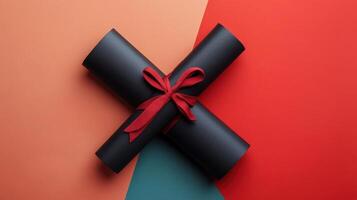 Elegant Black Gift Box with Red Ribbon on Colorful Geometric Background - Perfect for Celebrations and Special Occasions photo