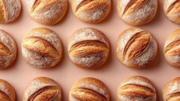 Freshly Baked Artisan Bread Rolls in a Neat Pattern on a Light Background photo