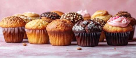 Assorted Muffins and Cupcakes on Pink Background with Frosting and Sprinkles in Bakery Display photo