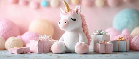 Adorable Plush Unicorn Toy with Gift Boxes and Pastel Decorations in a Whimsical Setting photo