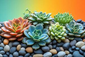 Colorful Succulent Plants Arranged on Smooth Pebbles with Vibrant Gradient Background photo
