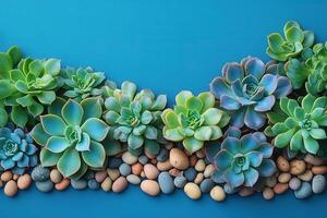Vibrant Succulent Arrangement on Blue Background with Decorative Stones - Perfect for Home Decor and Gardening Themes photo