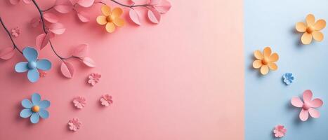 Colorful Paper Flowers on Pastel Background with Branches and Leaves, Perfect for Spring and Summer Themes photo