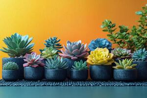 Colorful Succulent Plants in Modern Pots Against a Vibrant Yellow and Orange Gradient Background photo