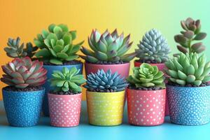 Colorful Succulent Plants in Vibrant Pots Against a Gradient Background photo