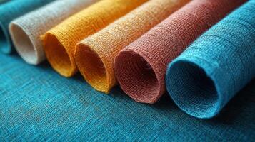 Colorful Rolls of Textured Fabric in Various Shades Arranged in a Row on a Blue Background photo
