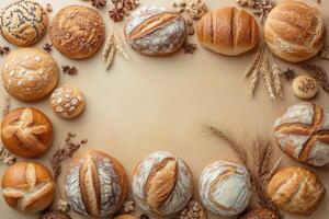 Assorted Artisan Breads and Wheat Ears on Beige Background - Freshly Baked Rustic Loaves Display photo