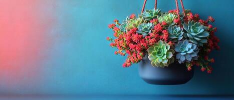 Beautiful Hanging Succulent Garden with Vibrant Red Flowers Against a Blue Gradient Background photo