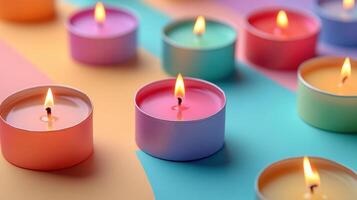 Vibrant Colorful Tealight Candles on a Multicolored Background Creating a Warm and Cozy Atmosphere photo