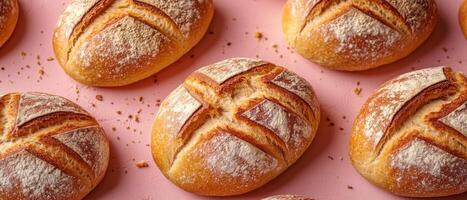 Freshly Baked Artisan Bread Loaves with Crispy Crusts on a Pink Background photo