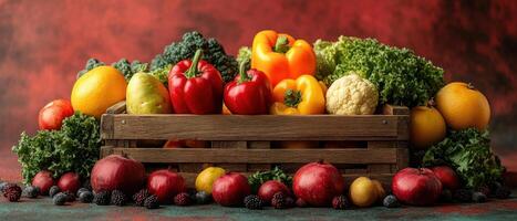 Fresco orgánico vegetales y frutas en de madera caja con vibrante antecedentes para sano comiendo y nutrición conceptos foto