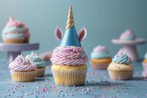 Colorful Unicorn-Themed Cupcakes with Sprinkles on a Light Blue Background photo