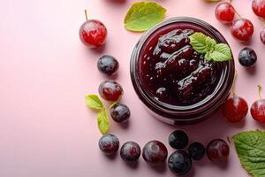 Fresh Homemade Grape Jam in a Jar with Grapes and Leaves on a Pink Background photo
