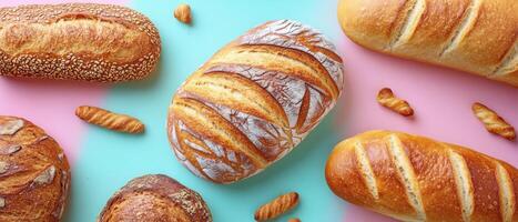 Assorted Artisan Bread Loaves on Colorful Background - Freshly Baked Breads with Crusty Texture and Golden Brown Crust photo