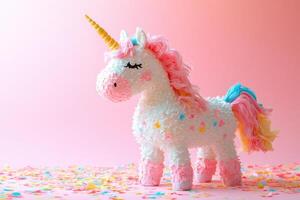Colorful Unicorn with Confetti on Pink Background - Fun and Festive Party Decoration photo