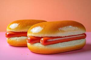 Two Delicious Hot Dogs in Soft Buns on a Vibrant Pink and Orange Background photo