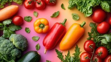 Fresh Colorful Vegetables on Vibrant Gradient Background - Healthy Eating and Organic Produce Concept photo